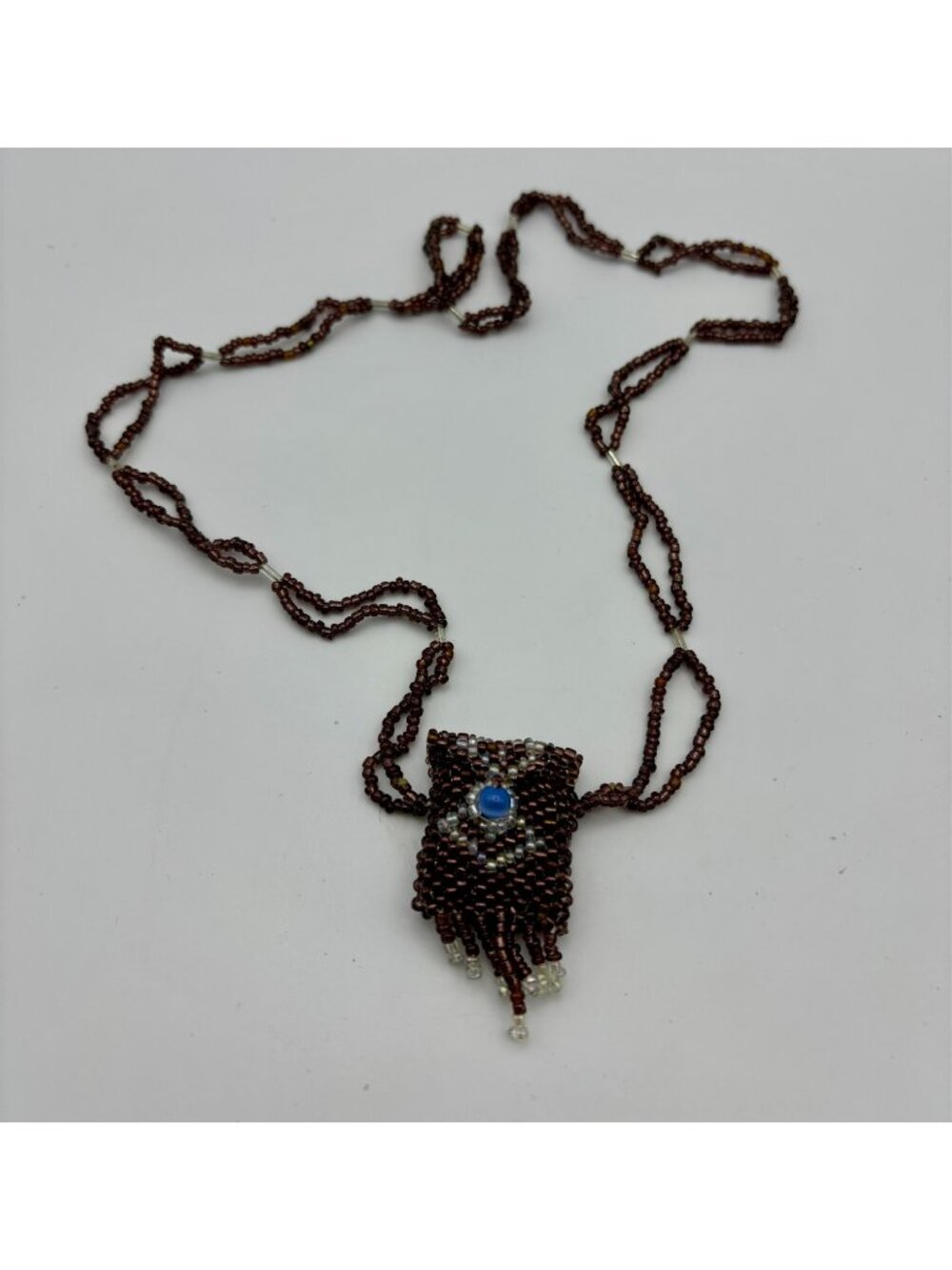 70s Artisan Glass Bead Fringed Amulet Charm WICCA Bag Necklace
